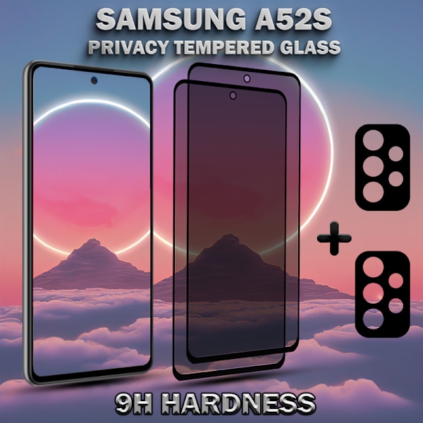 2-Pack Privacy Samsung A52S Skärmskydd & 2-Pack Linsskydd - Härdat Glas 9H - Super kvalitet 3D