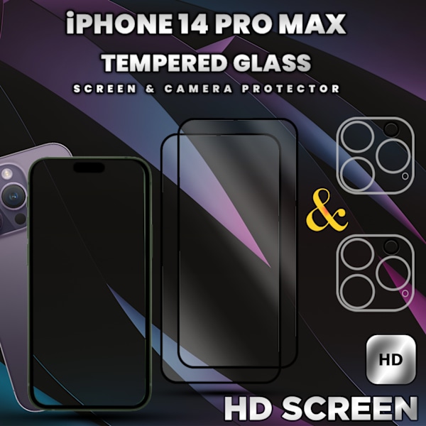 2-Pack iPhone 14 Pro Max-skärmskydd & 2-Pack linsskydd - 9H Glas