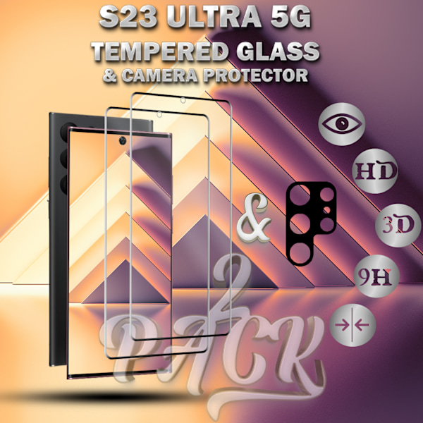 2-Pack SAMSUNG S23 ULTRA Skærmbeskyttelse & 1-Pack linsebeskyttelse - Hærdet Glas 9H - Super kvalitet 3D