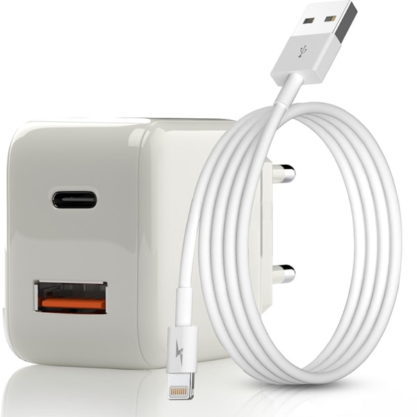 Snabb väggladdare - USB-C PD, USB-A - 20W med USB-A til Lightning kabel, 1m 1x Laddare, 1x 1m Lightning 