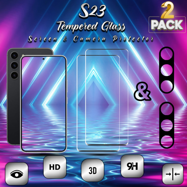 2-Pack Samsung S23 Skärmskydd & 2-Pack linsskydd - Härdat Glas 9H - Super kvalitet 3D