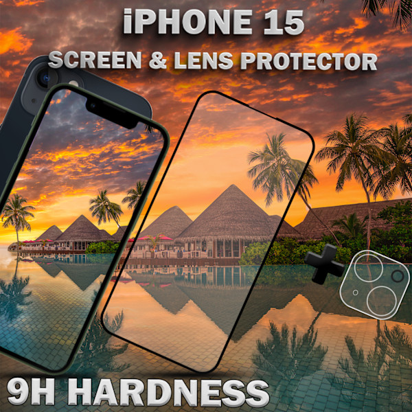 1-Pack IPHONE 15 Näytönsuoja & 1-Pack linssinsuoja - Karkaistu Lasi 9H - Super laatu 3D