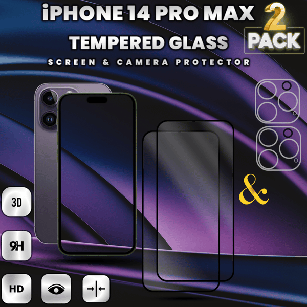 2-Pack IPHONE 14 PRO MAX Skærmbeskyttelse & 2-Pack linsebeskyttelse - Hærdet Glas 9H - Super kvalitet 3D