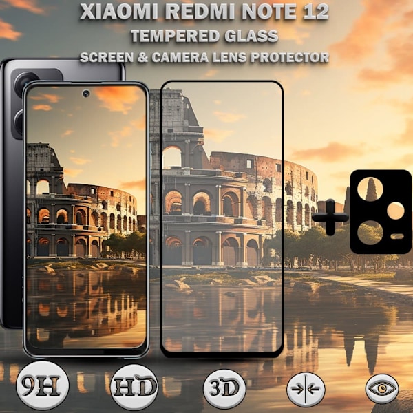 1-Pack XIAOMI REDMI NOTE 12 Skærmbeskyttelse & 1-Pack linsebeskyttelse - Hærdet Glas 9H - Super kvalitet 3D