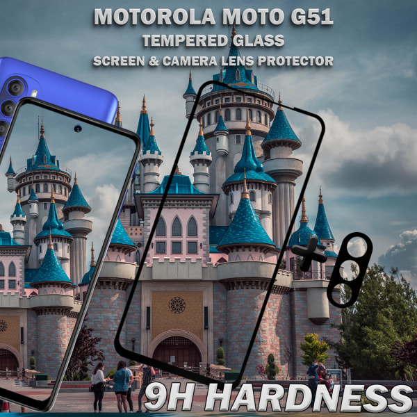 1-Pack MOTOROLA MOTO G51 Skærmbeskyttelse & 1-Pack linsebeskyttelse - Hærdet Glas 9H - Super kvalitet 3D