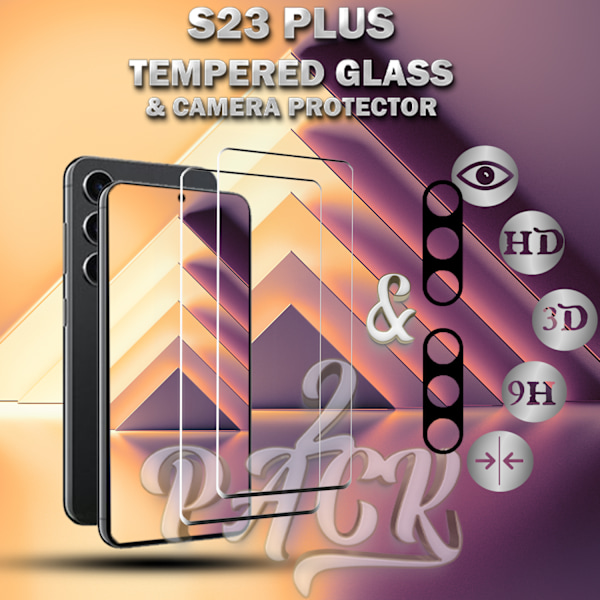 2-Pack SAMSUNG S23 PLUS Skærmbeskyttelse & 2-Pack linsebeskyttelse - Hærdet Glas 9H - Super kvalitet 3D