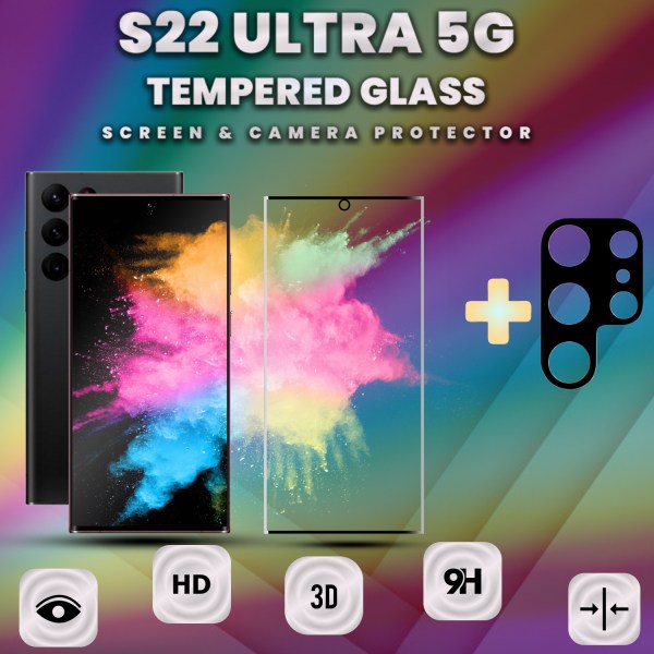 1-Pack SAMSUNG S22 ULTRA Skærmbeskyttelse & 1-Pack linsebeskyttelse - Hærdet Glas 9H - Super kvalitet 3D