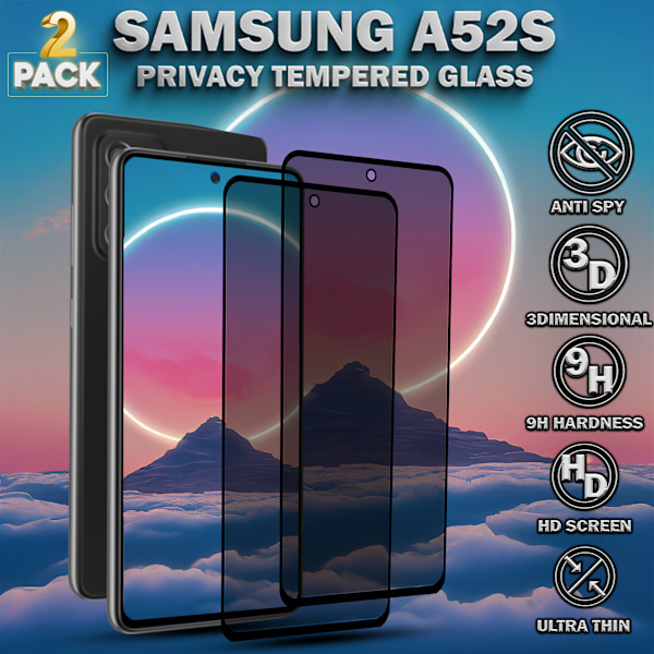 2-Pack Privacy Skärmskydd For Samsung A52S - Härdat Glas 9H - Super Kvalitet 3D