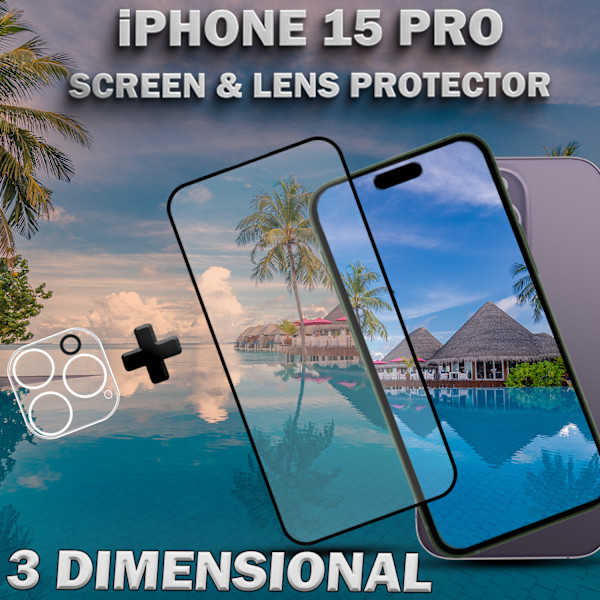 1-Pack iPhone 15 Pro - skärmskydd & 1-Pack linsskydd -härdat glas 9H