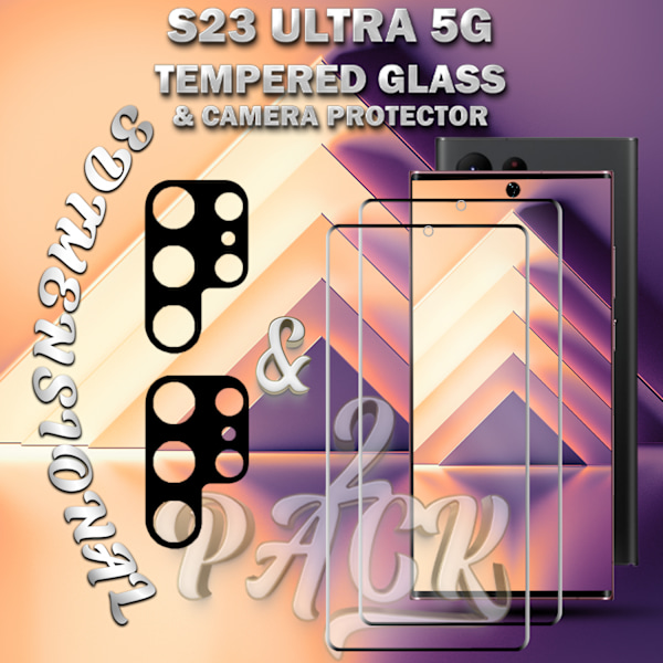 2-Pack SAMSUNG S23 ULTRA Skærmbeskyttelse & 2-Pack linsebeskyttelse - Hærdet Glas 9H - Super kvalitet 3D