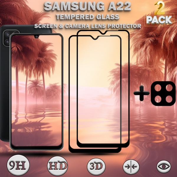 2-Pack Samsung A22 Skärmskydd & 1-Pack linsskydd - Härdat Glas 9H - Super kvalitet 3D