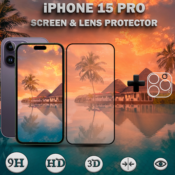 1-Pack iPhone 15 Pro - skärmskydd & 1-Pack linsskydd -härdat glas 9H