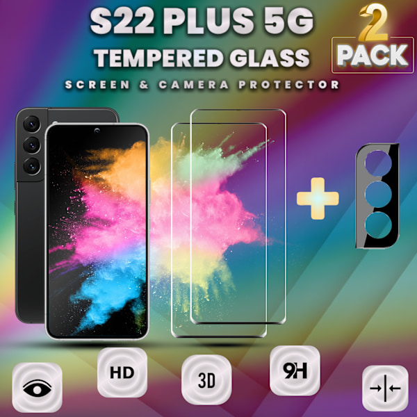 2-Pack SAMSUNG S22 PLUS Näytönsuoja & 1-Pack linssinsuoja - Karkaistu Lasi 9H - Super laatu 3D