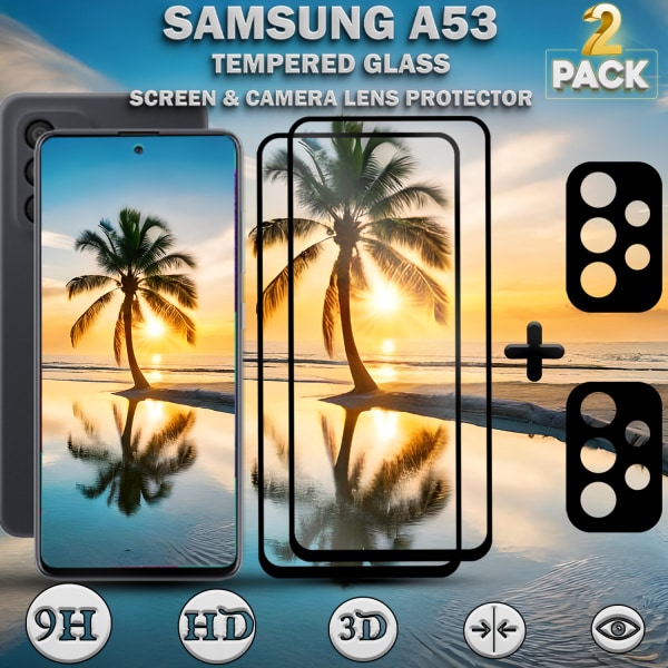 2-Pack Samsung A53 Skärmskydd & 2-Pack linsskydd - Härdat Glas 9H - Super kvalitet 3D