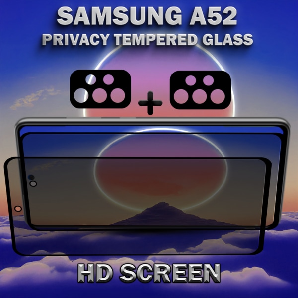 2-Pack Privacy Samsung A52 Skärmskydd & 2-Pack linsskydd - Härdat Glas 9H - Super kvalitet 3D