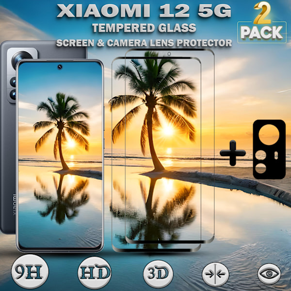 2-Pack Xiaomi 12 (5G) Skärmskydd & 1-Pack linsskydd - Härdat Glas 9H - Super kvalitet 3D
