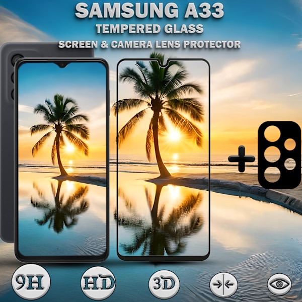 1-Pack SAMSUNG A33 Skærmbeskyttelse & 1-Pack linsebeskyttelse - Hærdet Glas 9H - Super kvalitet 3D