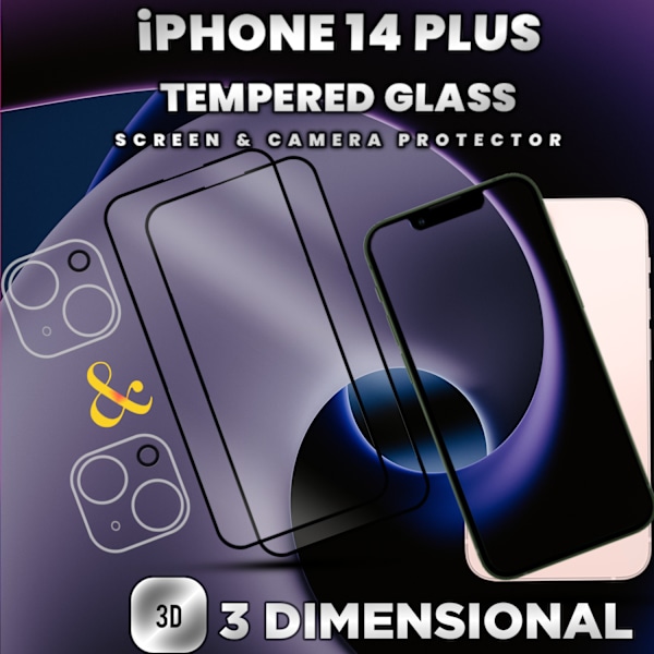 2-Pack IPHONE 14 PLUS Skærmbeskyttelse & 2-Pack linsebeskyttelse - Hærdet Glas 9H - Super kvalitet 3D