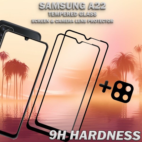 2-Pack Samsung A22 Skärmskydd & 1-Pack linsskydd - Härdat Glas 9H - Super kvalitet 3D