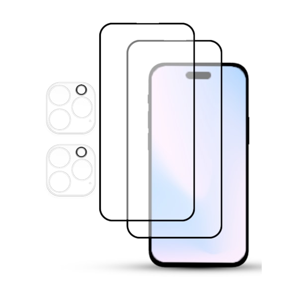 2-Pack IPHONE 15 PRO SCREEN & 2 LENS Skärmskydd - Härdat Glas 9H - Super kvalitet 3D