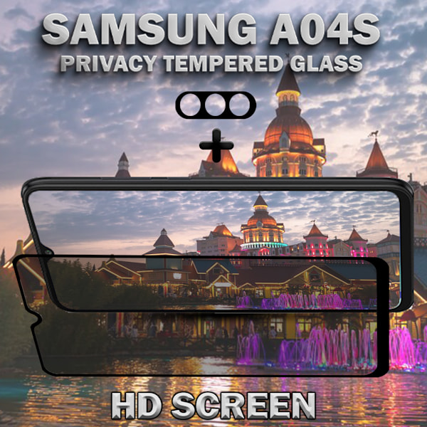 1-Pack Privacy Samsung A04S Skärmskydd & 1-Pack linsskydd - Härdat Glas 9H - Super kvalitet 3D