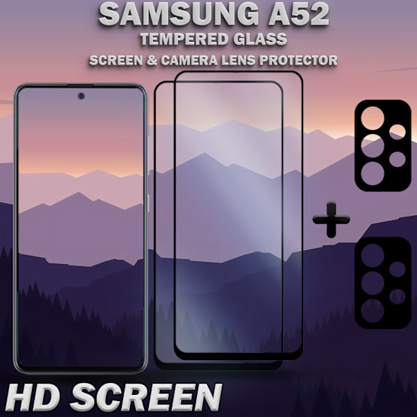 2-Pack SAMSUNG A52 Skærmbeskyttelse & 2-Pack linsebeskyttelse - Hærdet Glas 9H - Super kvalitet 3D