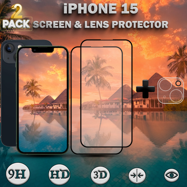 2-Pack iPhone 15 - skärmskydd & 1-Pack linsskydd -härdat glas 9H