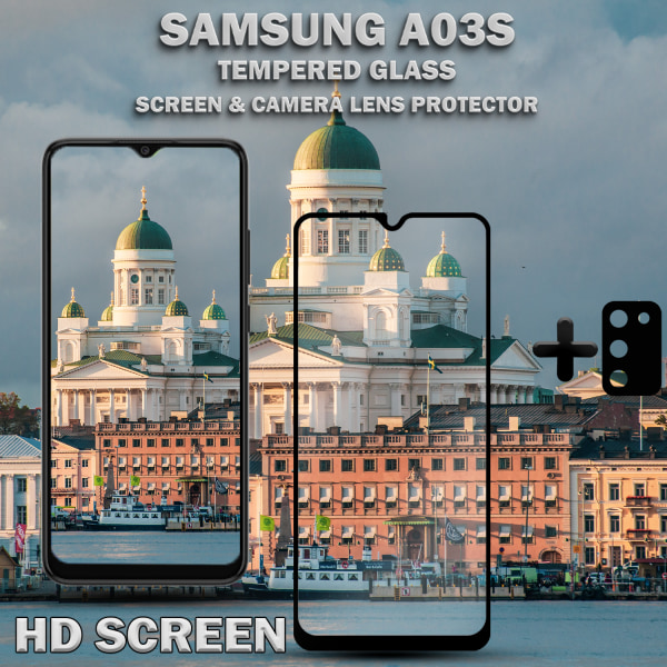 1-Pack Samsung A03s Skärmskydd & 1-Pack linsskydd - Härdat Glas 9H - Super kvalitet 3D