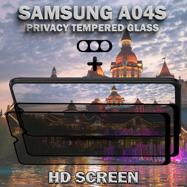 2-Pack Privacy Samsung A04S Skärmskydd & 1-Pack linsskydd - Härdat Glas 9H - Super kvalitet 3D