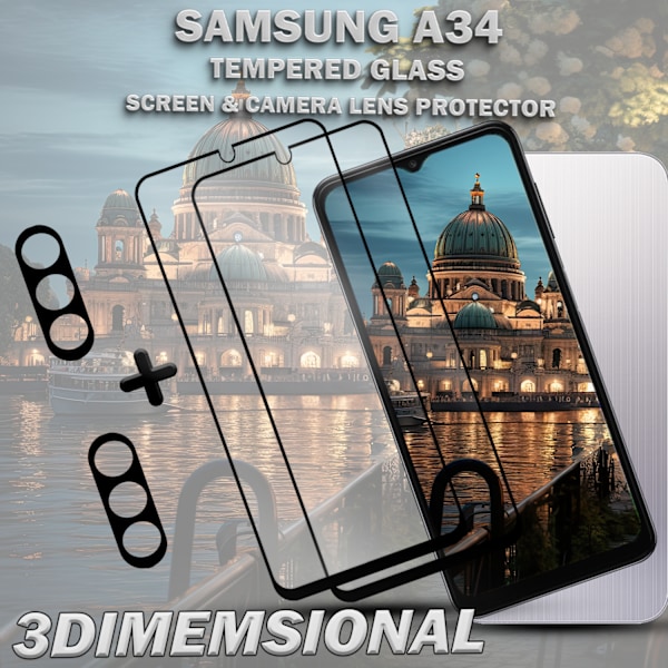 2-Pack SAMSUNG A34 Skærmbeskyttelse & 2-Pack linsebeskyttelse - Hærdet Glas 9H - Super kvalitet 3D