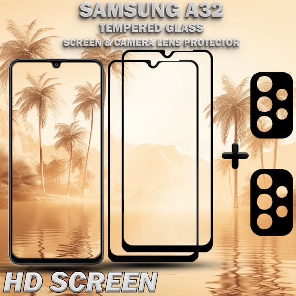 2-Pack SAMSUNG A32 Skærmbeskyttelse & 2-Pack linsebeskyttelse - Hærdet Glas 9H - Super kvalitet 3D