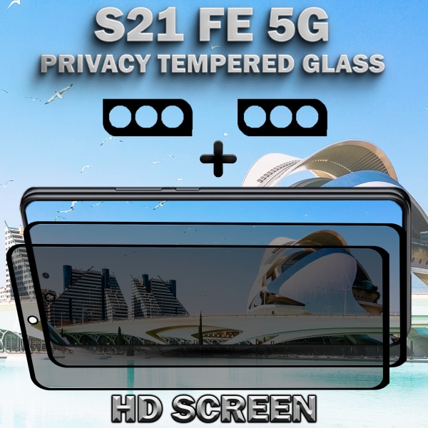 2-Pack Privacy SAMSUNG S21 FE 5G Skärmskydd & 2-Pack linsskydd - Härdat Glas 9H - Super kvalitet 3D