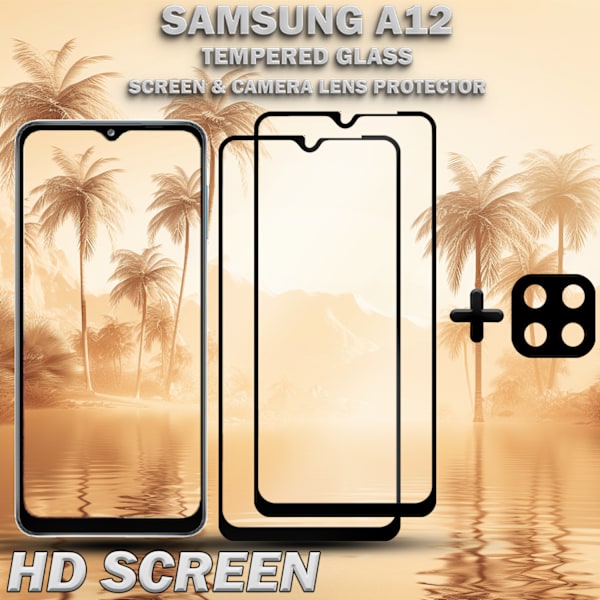 2-Pack Samsung A12 Skärmskydd & 1-Pack linsskydd - Härdat Glas 9H - Super kvalitet 3D