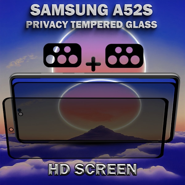 2-Pack Privacy Samsung A52S Skärmskydd & 2-Pack Linsskydd - Härdat Glas 9H - Super kvalitet 3D