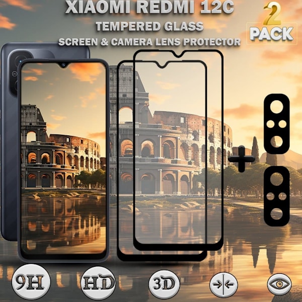 2-Pack XIAOMI REDMI 12C Skærmbeskyttelse & 2-Pack linsebeskyttelse - Hærdet Glas 9H - Super kvalitet 3D