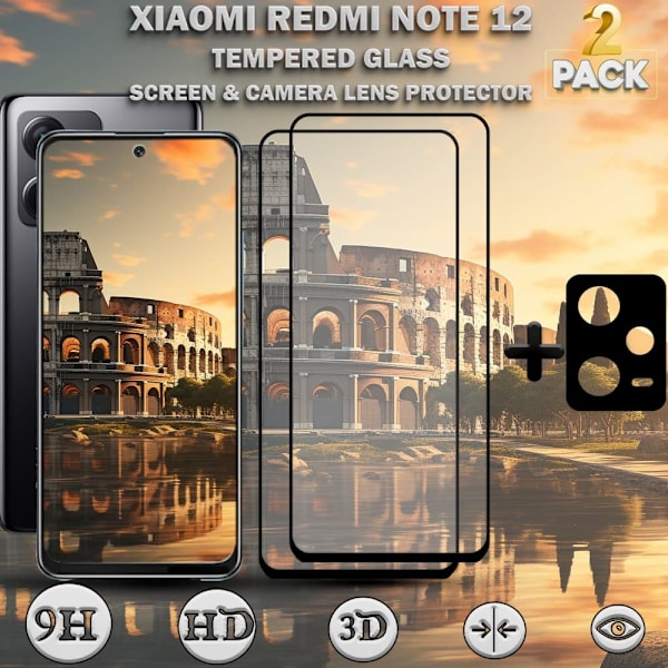 2-Pack Xiaomi Redmi Note 12 Skärmskydd & 1-Pack linsskydd - Härdat Glas 9H - Super kvalitet 3D