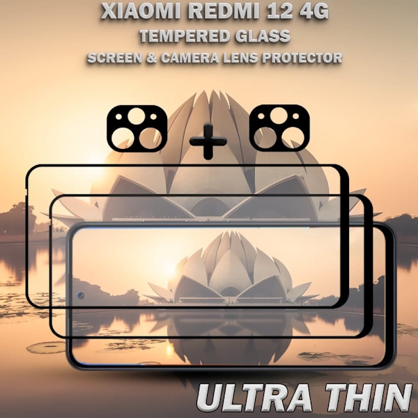 2-Pack XIAOMI REDMI 12 Skærmbeskyttelse & 2-Pack linsebeskyttelse - Hærdet Glas 9H - Super kvalitet 3D