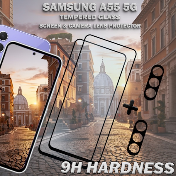 2-Pack SAMSUNG A55 Näytönsuoja & 2-Pack linssinsuoja - Karkaistu Lasi 9H - Super laatu 3D