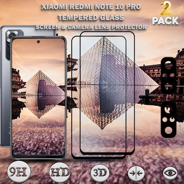 2-Pack XIAOMI REDMI NOTE 10 PRO Näytönsuoja & 2-Pack linssinsuoja - Karkaistu Lasi 9H - Super laatu 3D