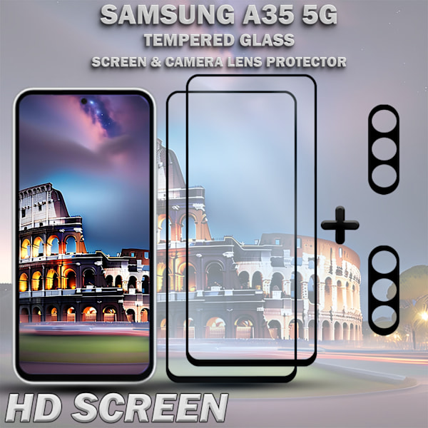 2-Pack SAMSUNG A35 Skærmbeskyttelse & 2-Pack linsebeskyttelse - Hærdet Glas 9H - Super kvalitet 3D