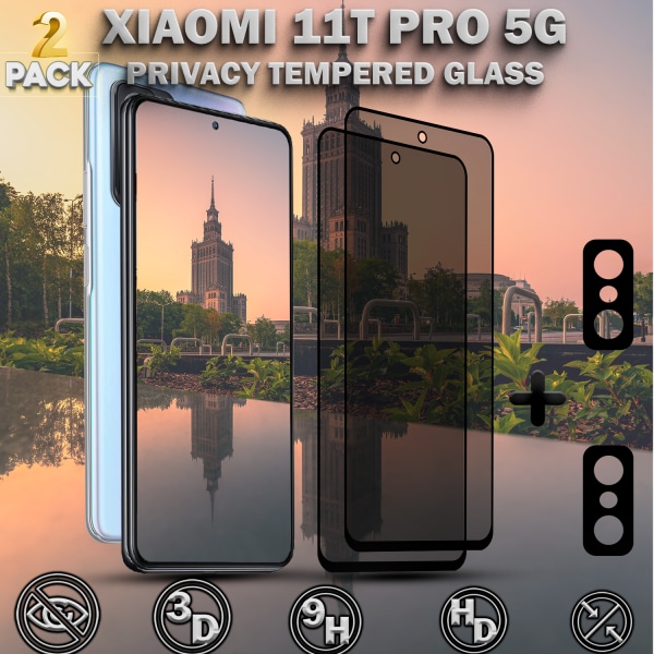2-Pack Privacy XIAOMI 11T PRO 5G Skärmskydd & 2-Pack linsskydd - Härdat Glas 9H - Super kvalitet 3D