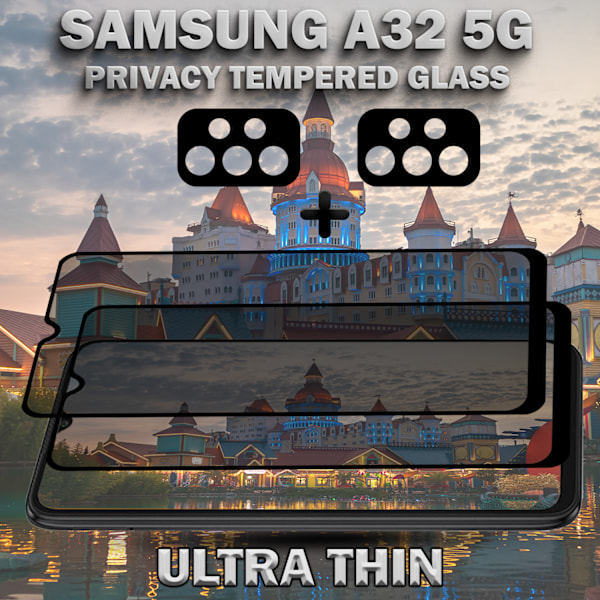 2-Pack Privacy Samsung A32 (5G) Skärmskydd & 2-Pack linsskydd - Härdat Glas 9H - Super kvalitet 3D