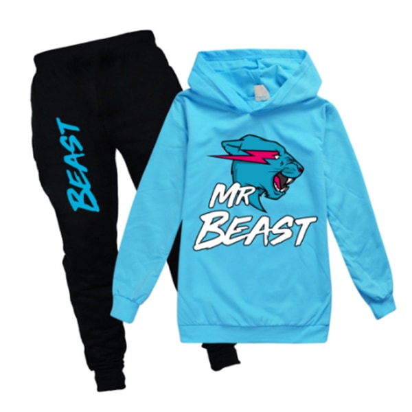 Barn Mr Beast Lightning Cat Casual hettegenser Jumper+bukser Kostymesett -a Light blue 130cm