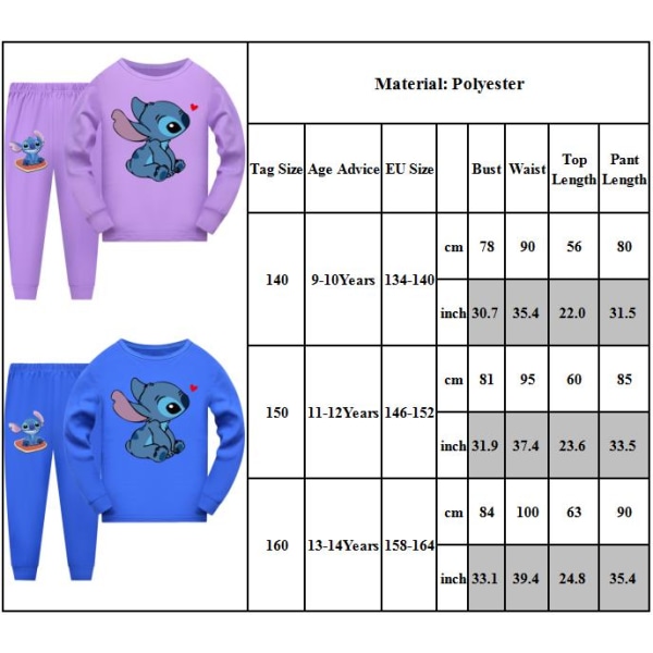 2 stk Børne Pyjamas Stitch Langærmet Pullover Sæt Nattøj - Light blue 140cm