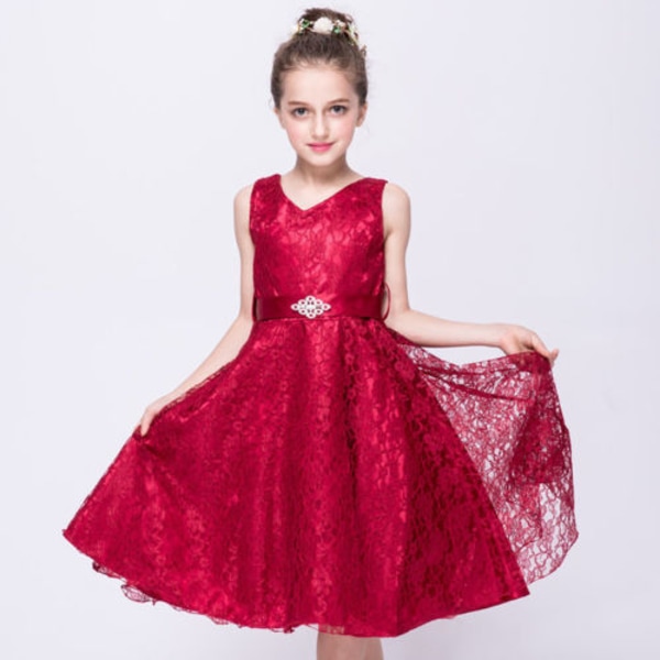 Barn Flickor Virkad Spets Balklänning Kjol prinsessan Bröllopsklänning Red 8year