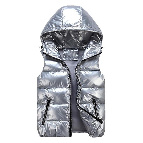 Sliktaa Unisex Shiny Waterproof Sleeveless Jacket Lightweight Puffer Vest Silver M