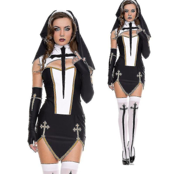 Sexig nunna seniordräkt karneval Halloween kyrka religiösa kloster Cosplay fin festklänning Black L