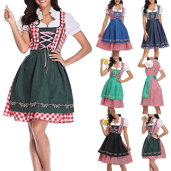 Kvinders Oktoberfest Beer Maid Costume Bavarian Traditional Dirndl Dress Carnival Denim Blue Check L
