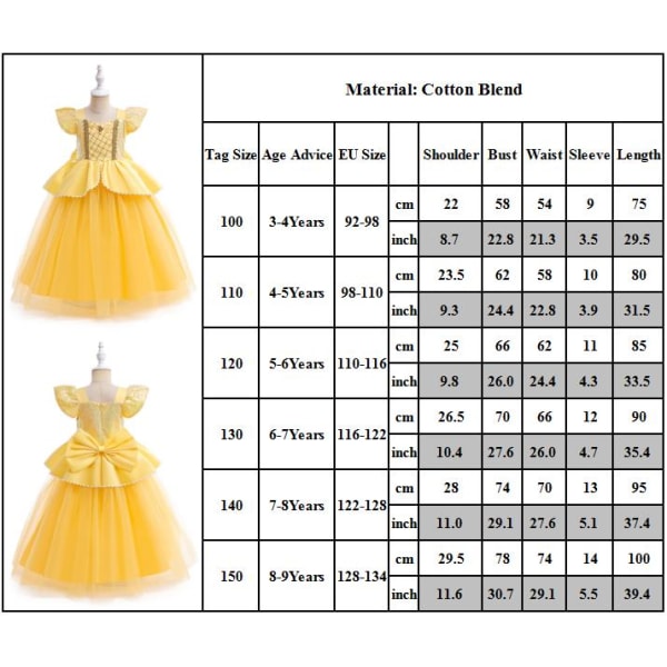 Jenter Princess Belle Dress Up Kostyme Halloween Fancy Dress 110cm