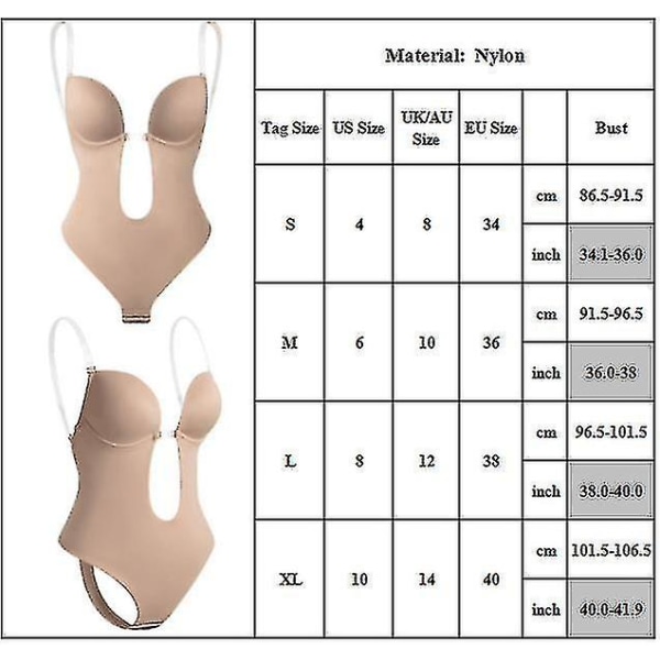 Kvinnor Backless Shapewear Plunge V-rengas Body Osynlig Body Shaper För Klänning med låg rygg L